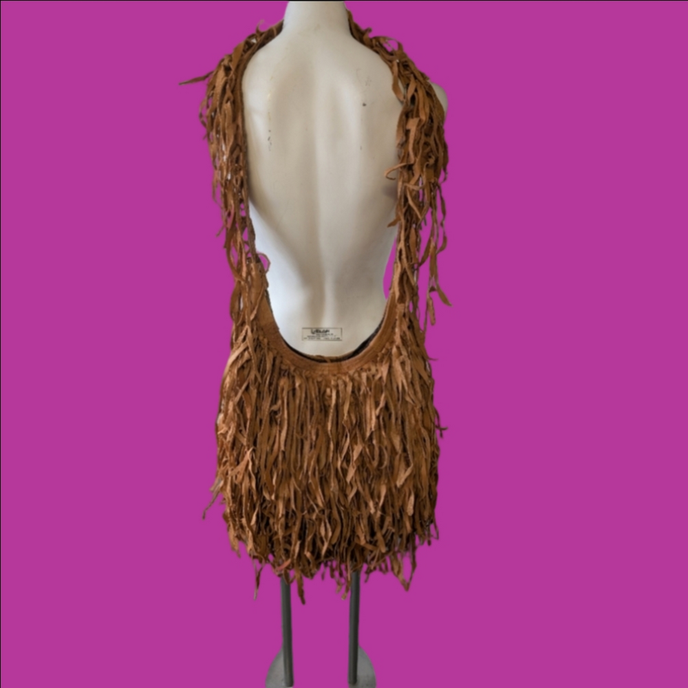 Vintage Bag Leather Oversized Satchel  Fringed Long Strap Zipper
